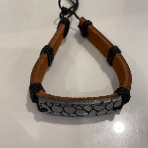 Genuine Leather & Rope Adjustable Bracelet With Textured Metal Accent anima